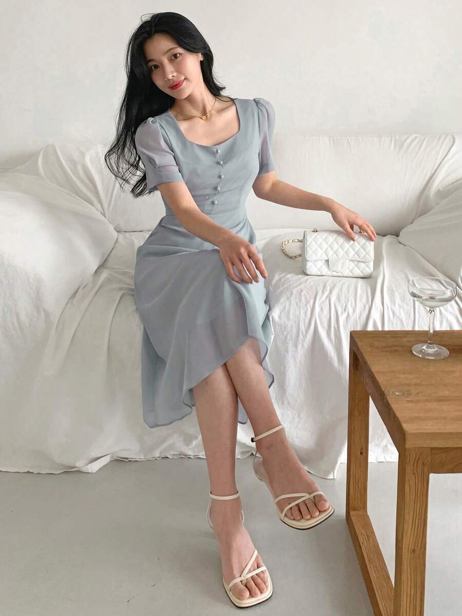 DAZY Women's Square Neck Waist Cinched Short Sleeve Chiffon Midi Dress - Blue - View 1