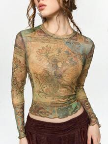 ROMWE Hippie Áo thun nữ phong cách cổ điển Fairycore in họa tiết vintage - Nhiều màu - Xem 9