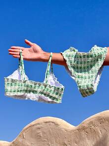 Swim Mod 格子图案细肩带蝴蝶结吊带比基尼套装 - 綠色 - 查看 2