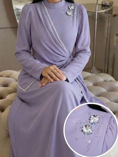 Veilorie 女士优雅水钻装饰侧系带长裙，秋季