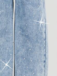 SHEIN 女童休闲牛仔裤，四季皆宜，复古浅蓝色牛仔布，不对称弹力腰设计，水钻装饰，直筒宽松版型，舒适棉质牛仔面料，适合日常、上学、度假、户外活动等各种场合，夏季百搭 - 淺色水洗藍 - 查看 8