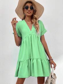 EMERY ROSE Women's Casual V-Neck Ruffle Hem Short Sleeve Dress, Summer Women's Dress Women's Summer Dresses Women Dress Resort Wear Women Vacation Dress Women Casual Dresses - Green - View 3