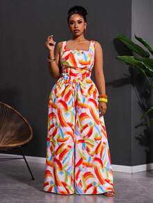 Slaydiva 2025新款春夏度假休闲卡其色鱼骨吊带上衣和阔腿裤两件套，带口袋，纹理面料，大码女式彩色连体裤印花连体裤女式连体裤女式连衣裙阔腿连体裤 - 彩色 - 查看 5