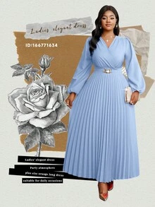 Fleurora 大码纯色褶皱连衣裙，时尚夏季教堂礼服，适合女性节日穿着 - 藍色 - 查看 6