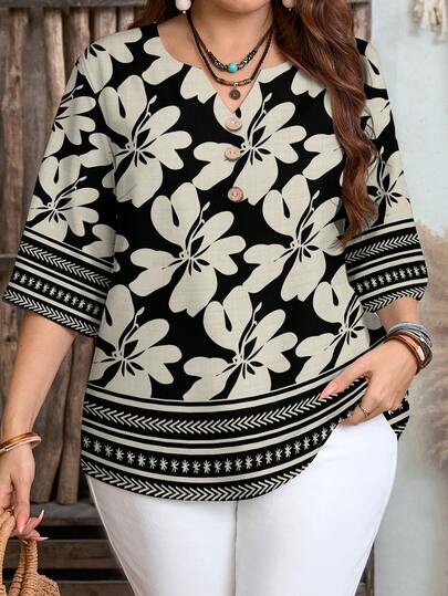 EMERY ROSE Plus Size Casual Floral Print V-Neck Shirt, Suitable For Summer
