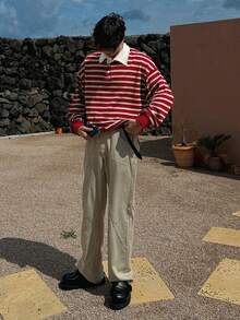 DAZY Men's Striped Patchwork White Collar Polo Shirt, Spring - Red - View 3