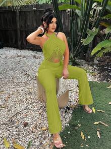 SHEIN SXY Solid Color Sleeveless Fashionable Hollow Out Halter Textured Fringe Jumpsuit - Green - View 5