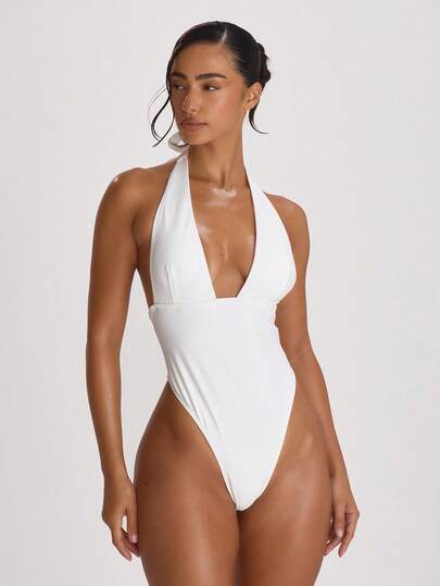 Musera Resort Plunge Halterneck Tie Back Cheeky Swimsuit Swim Vacation Holiday Summer Travel Beachwear Basics Hen Do Wedding Bridal Bachelorette Swimwear Solid Colour Resort Core