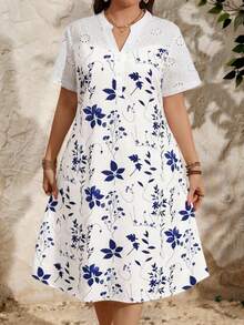 EMERY ROSE Plus Size Women Eyelet Embroidery Patchwork Floral Print Summer,Boho,Vacation,Holiday Sundress,Easter White And Blue And White Flowers Holiday Dress - Blue - View 3