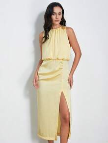 Aveloria Modichic Cream Yellow High Gloss Satin Textured Round Neck Ruched Waist Hem Slit French Chic Elegant Commute Dress With Metal Asymmetric Buckle Pin Pleated Sleeveless - Yellow - View 5