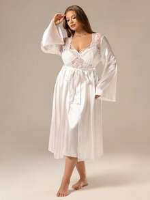 Auralis 大码优雅浪漫蕾丝拼接镂空缎面吊带裙和网纱睡袍睡衣套装，秋冬服装 - 白色 - 查看 6