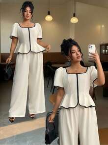 Elenzga 大码春夏季优雅撞色短袖衬衫和阔腿裤两件套两件套裤子套装女裤套装女夏季阔腿裤套装衬衫和裤子套装2件套休闲套装女 - 白色 - 查看 1