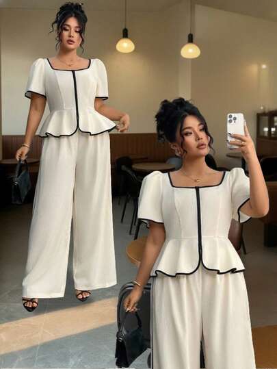 Elenzga 大码春夏季优雅撞色短袖衬衫和阔腿裤两件套两件套裤子套装女裤套装女夏季阔腿裤套装衬衫和裤子套装2件套休闲套装女