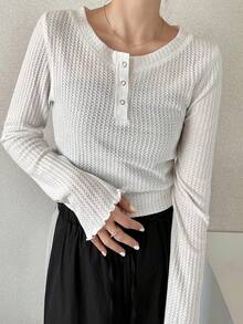 FRIFUL Women's Solid Color Round Neck Half-Zip Textured Fabric Cuff Trim Fitted Spring T-Shirt - White - View 6