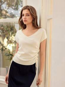 MOTF PREMIUM SOLID COLOR V-NECK DRAWSTRING RUCHED KNIT TOP WITH WAIST DESIGN - White - View 1