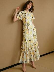 ZEYLAH Váy họa tiết hoa thanh lịch dành cho nữ, mùa hè - Màu vàng - Xem 3