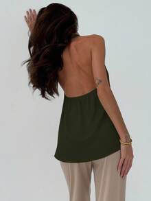 Aloruh Minimalist Commuter Halter Chic Plunging Neckline Bodycon Cami Top For Women - Army Green - View 6