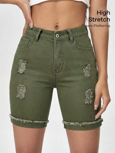Flexra Women's Green Denim Biker Shorts Casual Zipper Distressed Short Shorts