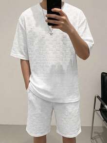 Mirajuku 2件套青少年男童休闲几何纹理圆领T恤套装，适合日常通勤 - 白色 - 查看 2