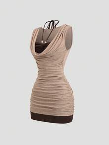 SHEIN Unity Đầm nữ màu nâu thanh lịch, thoải mái, kiểu dáng retro, thích hợp cho kỳ nghỉ, đi biển, hàng mới về mùa xuân/hè. - màu nâu - Xem 3