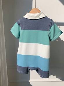 SHEIN Newborn Baby Boy Bright Blue Summer Casual Family Matching Knitted Letter Color Block Romper For Birthday,Wedding,Baptism,Baby Shower & Celebration - Multicolor - View 5