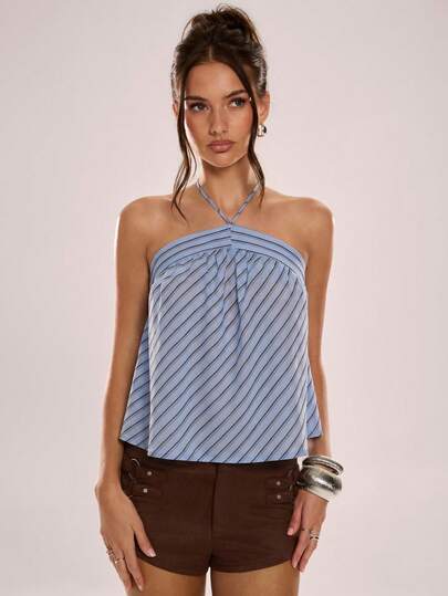 Avenya Women's Casual Halter Striped A-Line Loose Tank Top