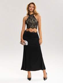 Sweetina Women Floral Lace Halter Crop Top And Fish Tail Midi Skirt 2 Pieces Set - Black - View 6