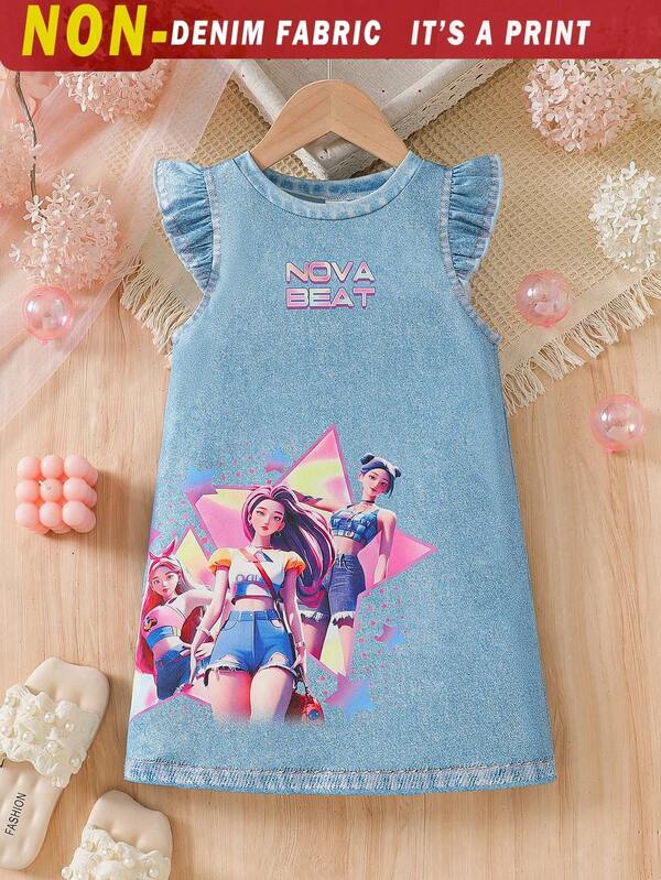 SHEIN Young Girl Letter & Cartoon Girl Print Round Neck Cap Sleeve Dress