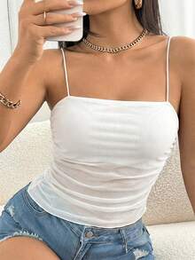 Glamine Solid Color Spaghetti Strap Ruched Casual Versatile Fitted Camisole - White - View 4