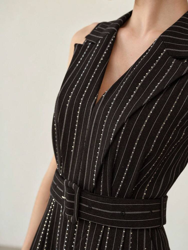 STRIPED PRINT RHINESTONE DETAIL LAPEL COLLAR BUCKLE BELTED SLEEVELESS WIDE LEG JUMPSUIT