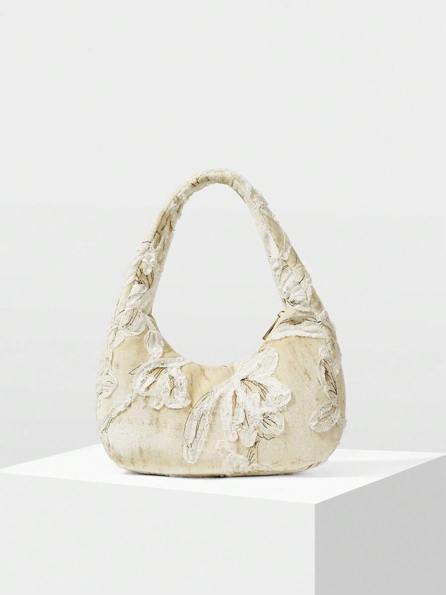 MOTF PREMIUM 女士时尚优雅艺术花卉图案手提包单肩包，适合约会通勤场景 - 米色 - 查看 2