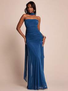 SHEIN BAE Women's Teal Blue Summer Elegant Dining Dress,Solid Navy Blue Ruched Fitted Maxi Strapless Tie Waist Beach Resort Wedding Guest Attire Brunch Dress - Navy Blue - View 5