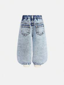SHEIN Baby GirlPink Heart Pattern Loose Straight Leg Blue Denim Pants - Blue - View 2