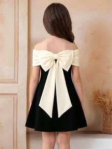 SHEIN Young Girls Off Shoulder Bow Decor Colorblock Elegant Dress - Black - View 3