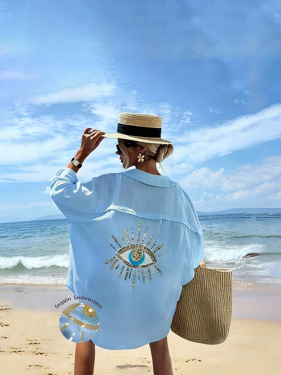 Vaclyn Women's Loose Fit Sequin Embellished Midi Dress, Versatile Long Sleeve - Baby Blue - View 1