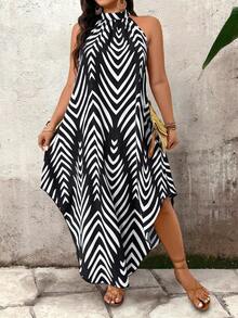 EMERY ROSE Plus Size Mandarin Collar Sleeveless Asymmetrical Print Loose Fashion Summer Dress - Black - View 5