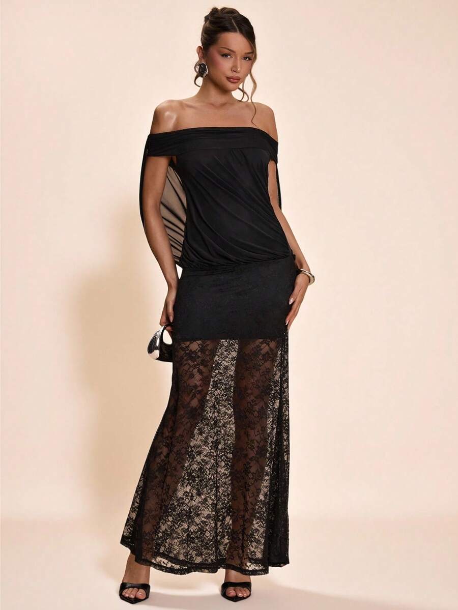 SHEIN BAE Black Sexy One-Shoulder Ruffle Lace Patchwork Fishtail Bodycon Elegant Dress, Black Dress, Valentine's Day Date Dress, Bridesmaid Mini Dress, Elegant Dress, Valentine's Day - Black - View 1