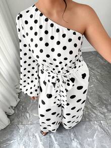 Elenzga Mono de pierna ancha de cintura ceñida con hombros oblicuos de manga larga y parches de lunares para mujer de talla grande, elegante, de moda, versátil, adecuado para salidas, primavera/verano - Blanco y Negro - Ver 6