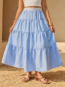 Tween Girls' Vacation Style Casual Loose Flared Multi-Layer Patchwork Blue Striped Skirt - Blue - View 3