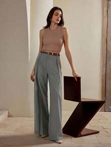 Anewsta Pantaloni a gamba dritta e ampia, stile urbano alla moda minimalista, a righe marroni Maillard, adatti per il pendolarismo, per le donne durante il Natale e il Capodanno - Grigio - Visualizzare 7
