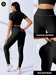 Gameset SHEIN Sport 两件套服装无缝插肩袖运动套装女士健身套装女士紧身裤套装健身房女士服装 - 黑色 - 查看 3