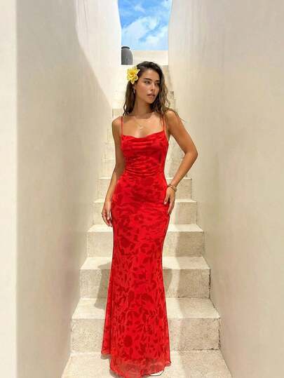 Aloruh Women's Floral Print Dress, Sleeveless, Suitable For Summer Vacation Summer Summer Outfits Summer Clothes Beach Outfits For Woman  Beach Vacation Vacation Outfits Woman Boho  Tropical Vacation Woman Clothe  Long Summer Dress For Women Summer Holiday Outfits  Valentine's Day  Valentine Outfits For Women   Valentines Day Dress  Valentine's Day Outfit  Valentine Clothes  Valentine's Day Dress  Beach Dress  A Red Maxi Dress With A Halter Neckline And An Open Back, Exuding Sexiness And A Relaxed, Beachy Vibe. Perfect For Valentine's Day, A Romantic Dress For A Date.