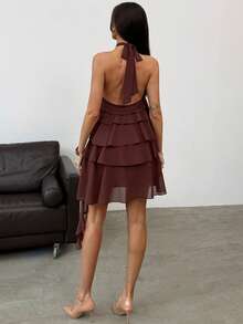 Aloruh 女士甜美多层荷叶边露背系带露脐迷你连衣裙 - 咖啡 - 查看 2