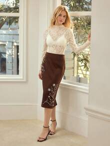 MOTF PREMIUM ELEGANT LACE LONG SLEEVE MOCK NECK SHEER CASUAL SEXY TOP FOR WOMEN - Cream - View 5