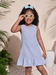 女童蓝色条纹美人鱼尾A字连衣裙，休闲时尚，百搭，适合派对、郊游、姐妹合照、公园、露营、度假、日常休闲等场合。 - 藍色 - 查看 3