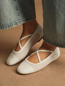 Rosivie Women's Casual Commuting Slip-On Shoes With Criss-Cross Buckle Design - Beige - View 1