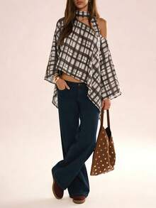 Avenya Loose Fashion Plaid Oblique Shoulder Scarf Design Flowy Blouse - Multicolor - View 1