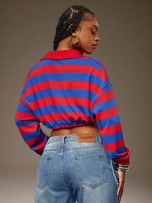 Denimoi Áo polo tay dài dáng ngắn, cổ bẻ, kẻ sọc, kiểu dáng thời trang. - Nhiều màu - Xem 3