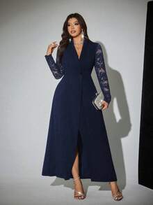 Viva Relle Plus Size Women's Elegant Romantic Sexy Lace Backless Blazer Collar Fitted Split Dress, For Party And Occasions - Navy Blue - View 7
