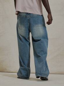 Musero 宽松水洗牛仔裤，缝线纽扣门襟，配有腰带环，冬季必备街头风单品 - 中等水洗藍 - 查看 4